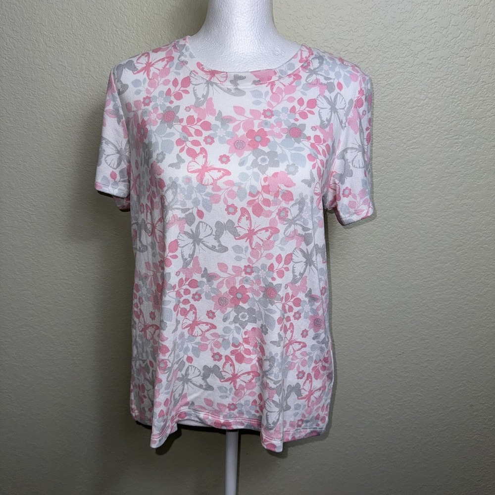 Rene Rofe Women's Sleepwear Top NWT Pink and Gray Floral Butterflies Size Small